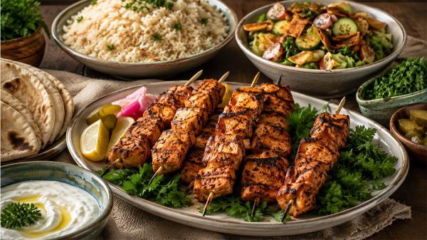 طرز تهیه شیش طاووق به همراه سس سیر لبنانی